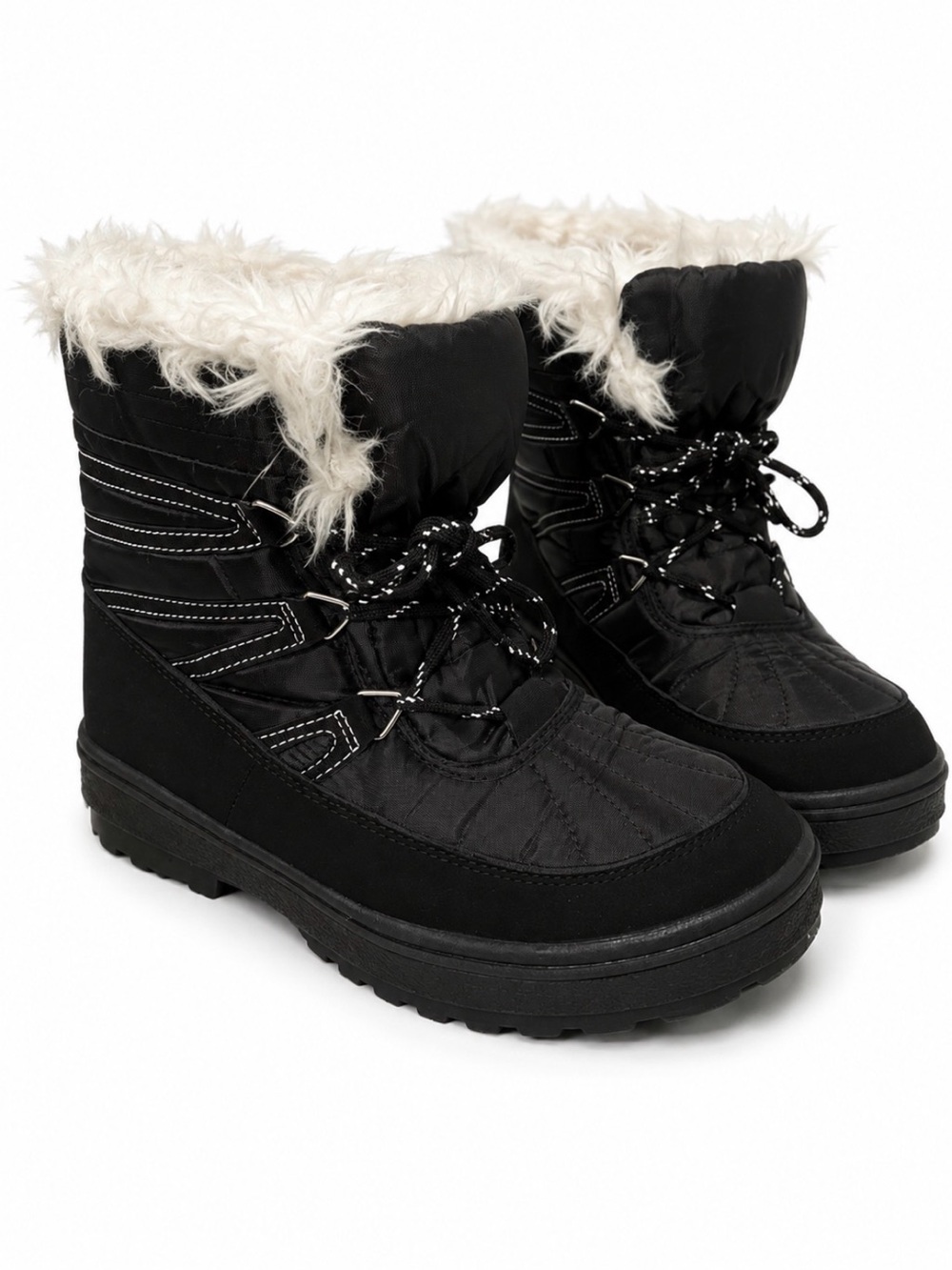 Ozark Trail Black Winter Lace-Up Boots with White Faux Fur Trim women’s 8